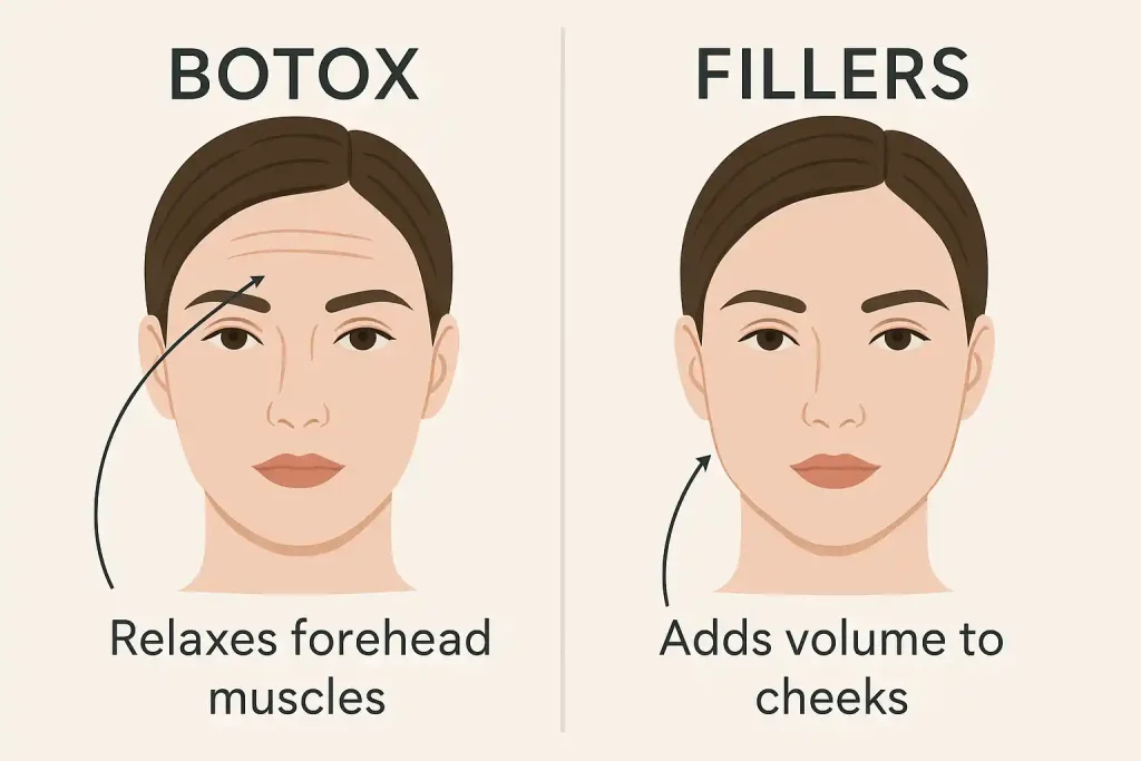 Side-by-side illustration showing Botox relaxing forehead muscles and fillers adding volume to cheeks on a woman's face.